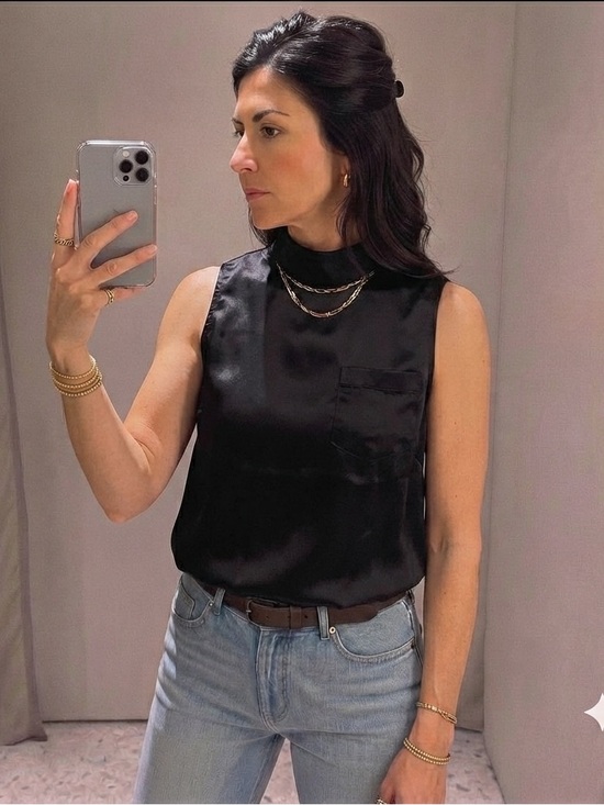 None Tops - Sleeveless Mock Neck Black Satin Top